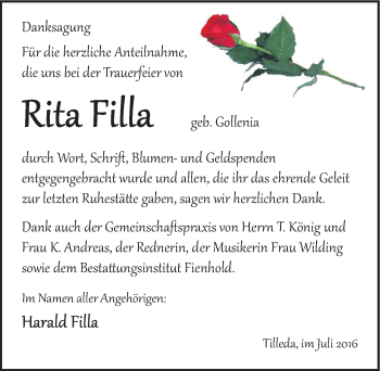 Traueranzeige von Rita Filla von Mitteldeutsche Zeitung Sangerhausen