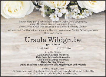 Traueranzeige von Ursula Wildgrube von WVG - Wochenspiegel Wittenberg