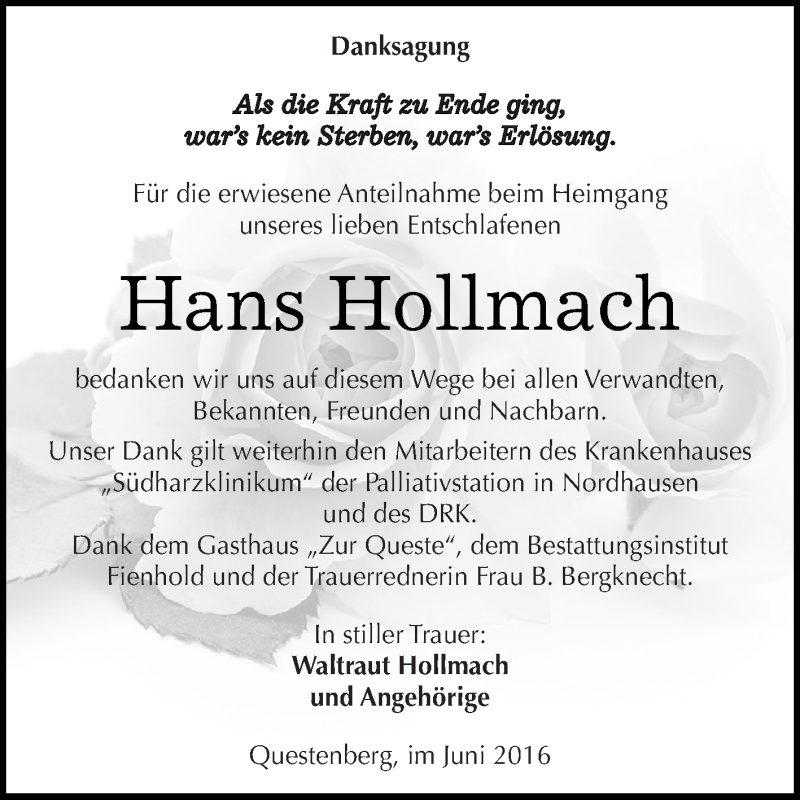  Traueranzeige für Hans Hollmach vom 16.07.2016 aus Super Sonntag SGH Mansf. Land