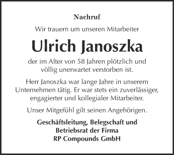 Traueranzeige von Ulrich Janoszka von Super Sonntag Merseburg