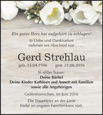 Traueranzeige von Gerd Strehlau von WVG - Wochenspiegel Wittenberg