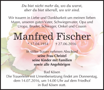 Traueranzeige von Manfred Fischer von Mitteldeutsche Zeitung Naumburg/Nebra