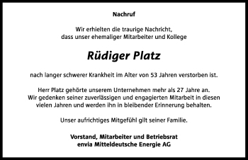 Traueranzeige von Rüdiger Platz von Mitteldeutsche Zeitung Wittenberg