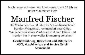 Traueranzeige von Manfred Fischer von Mitteldeutsche Zeitung Köthen