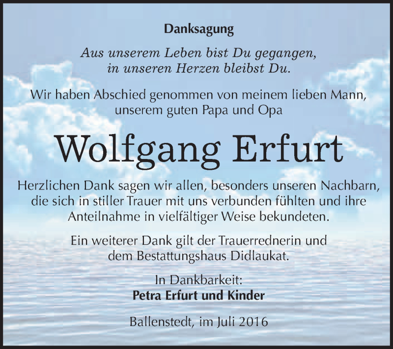  Traueranzeige für Wolfgang Erfurt vom 09.07.2016 aus WVG - Wochenspiegel Quedlinburg