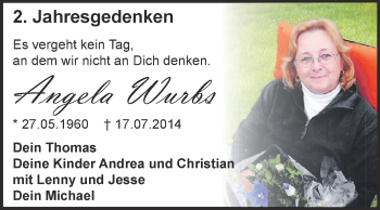 Traueranzeige von Angela Wurbs von Super Sonntag Dessau / Köthen