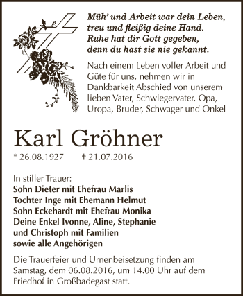 Traueranzeige von Karl Gröhner von WVG - Wochenspiegel Dessau / Köthen