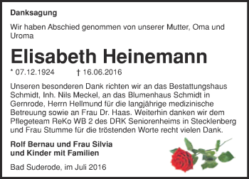 Traueranzeige von Elisabeth Heinemann von Super Sonntag Quedlinburg
