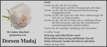 Traueranzeige von Doreen Madaj von Super Sonntag Wittenberg