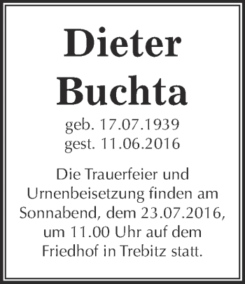 Traueranzeige von Dieter Buchta von WVG - Wochenspiegel Wittenberg