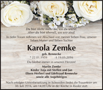 Traueranzeige von Karola Zemke von Mitteldeutsche Zeitung Quedlinburg