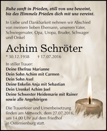 Traueranzeige von Achim Schröter von WVG - Wochenspiegel Dessau / Köthen
