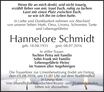 Traueranzeige von Hannelore Schmidt von WVG - Wochenspiegel Merseburg