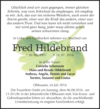 Traueranzeige von Fred Hildebrand von Mitteldeutsche Zeitung Merseburg/Querfurt