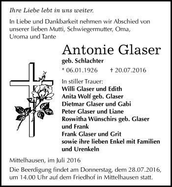 Traueranzeige von Antonie Glaser von Mitteldeutsche Zeitung Sangerhausen