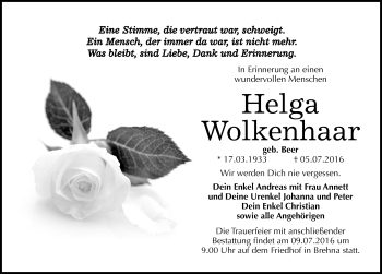 Traueranzeige von Helga Wolkenhaar von Mitteldeutsche Zeitung Bitterfeld