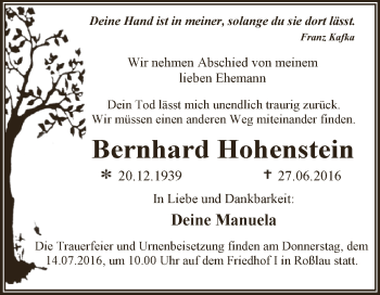 Traueranzeige von Bernhard Hohenstein von WVG - Wochenspiegel Dessau / Köthen