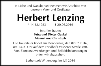 Traueranzeige von Herbert Lenzing von Mitteldeutsche Zeitung Wittenberg