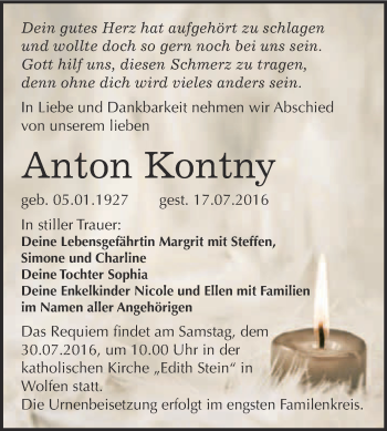 Traueranzeige von Anton Kontny von WVG - Wochenspiegel Bitterfeld