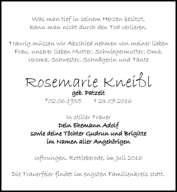 Traueranzeige von Rosemarie Kneißl von Mitteldeutsche Zeitung Sangerhausen