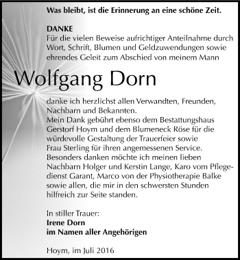Traueranzeige von Wolfgang Dorn von Mitteldeutsche Zeitung Aschersleben