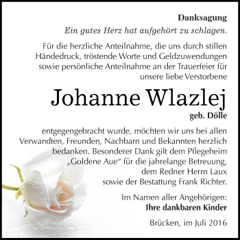 Traueranzeige von Johanne Wlazlej von Super Sonntag SGH Mansf. Land