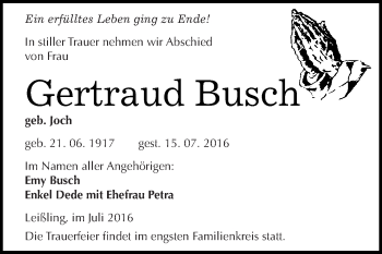 Traueranzeige von Gertraud Busch von WVG - Wochenspiegel NMB / WSF / ZTZ