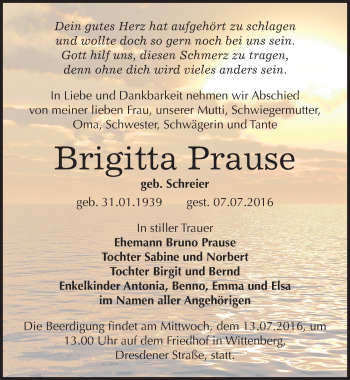 Traueranzeige von Brigitta Prause von Mitteldeutsche Zeitung Wittenberg
