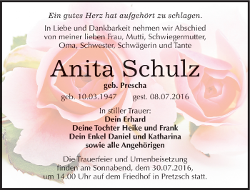 Traueranzeige von Anita Schulz von Mitteldeutsche Zeitung Wittenberg