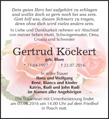 Traueranzeige von Gertrud Köckert von Mitteldeutsche Zeitung Bitterfeld