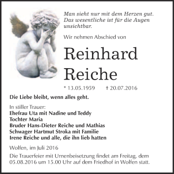 Traueranzeige von Reinhard Reiche von WVG - Wochenspiegel Bitterfeld