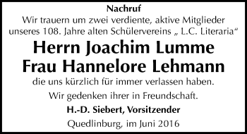 Traueranzeige von Hannelore Lehmann von Mitteldeutsche Zeitung Quedlinburg