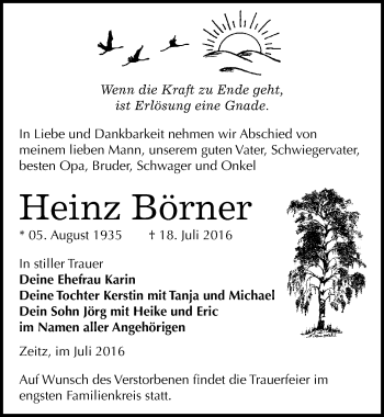 Traueranzeige von Heinz Börner von Mitteldeutsche Zeitung Zeitz