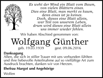 Traueranzeige von Wolfgang Günther von Mitteldeutsche Zeitung Bitterfeld