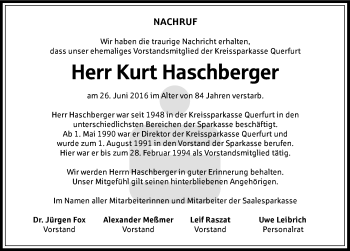 Traueranzeige von Kurt Haschberger von Mitteldeutsche Zeitung