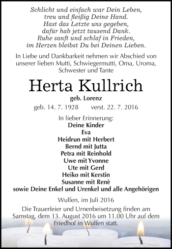 Traueranzeige von Herta Kullrich von WVG - Wochenspiegel Dessau / Köthen