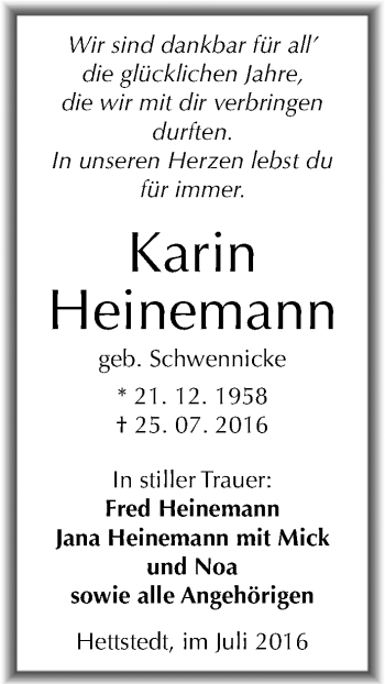 Traueranzeige von Karin Heinemann von Mitteldeutsche Zeitung Mansfelder Land
