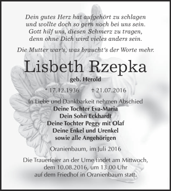 Traueranzeige von Lisbeth Rzepka von WVG - Wochenspiegel Wittenberg
