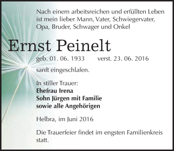Traueranzeige von Ernst Peinelt von Mitteldeutsche Zeitung Mansfelder Land