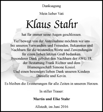 Traueranzeige von Klaus Stahr von Mitteldeutsche Zeitung Sangerhausen