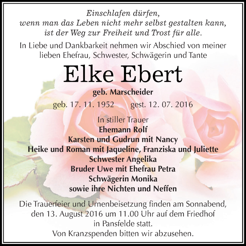  Traueranzeige für Elke Ebert vom 16.07.2016 aus Super Sonntag SGH Mansf. Land