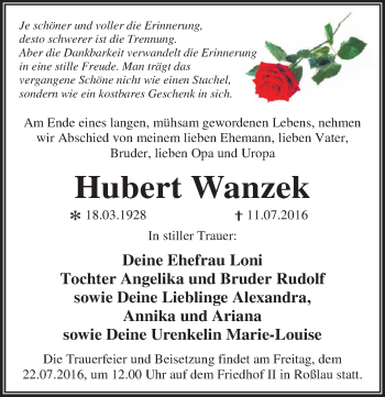 Traueranzeige von Hubert Wanzek von Mitteldeutsche Zeitung Dessau-Roßlau