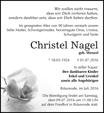 Traueranzeige von Christel Nagel von Mitteldeutsche Zeitung Mansfelder Land