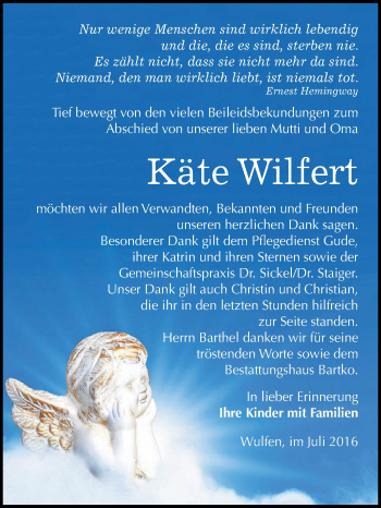 Traueranzeige von Käte Wilfert von WVG - Wochenspiegel Dessau / Köthen