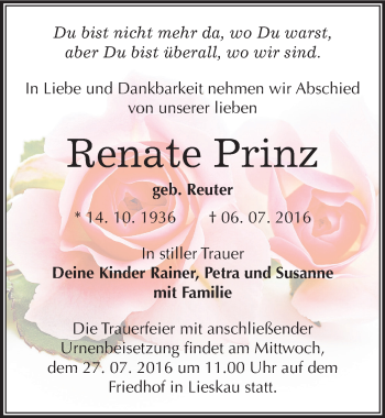 Traueranzeige von Renate Prinz von Mitteldeutsche Zeitung Halle/Saalkreis