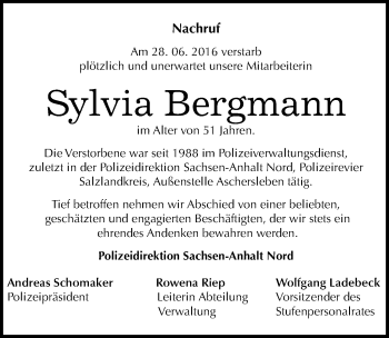 Traueranzeige von Sylvia Bergmann von Mitteldeutsche Zeitung Aschersleben