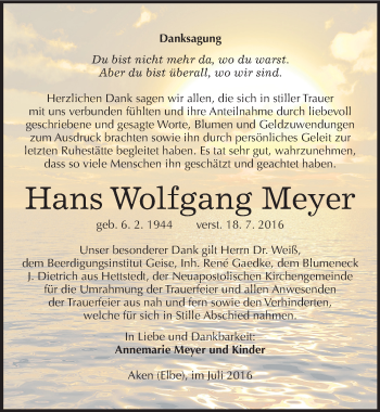 Traueranzeige von Hans Wolfgang Meyer von Mitteldeutsche Zeitung Köthen