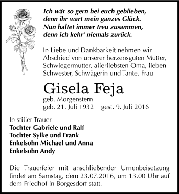 Traueranzeige von Gisela Feja von Mitteldeutsche Zeitung Bernburg