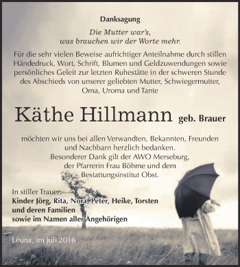 Traueranzeige von Käthe Hillmann von Super Sonntag Merseburg
