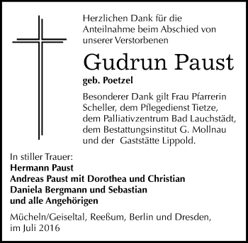 Traueranzeige von Gudrun Paust von Mitteldeutsche Zeitung Merseburg/Querfurt